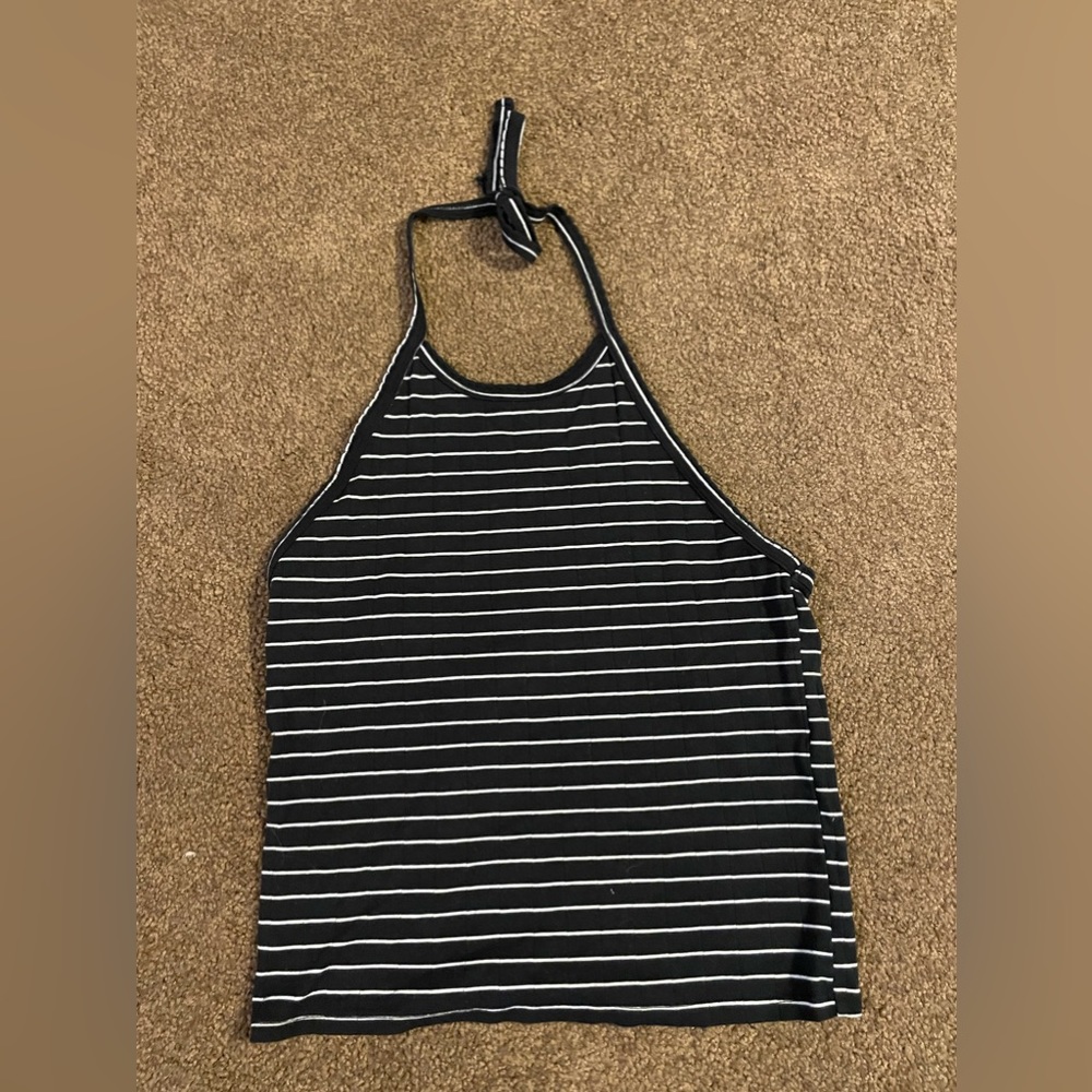 American Eagle Black & White Striped Tie Halter Cropped Top